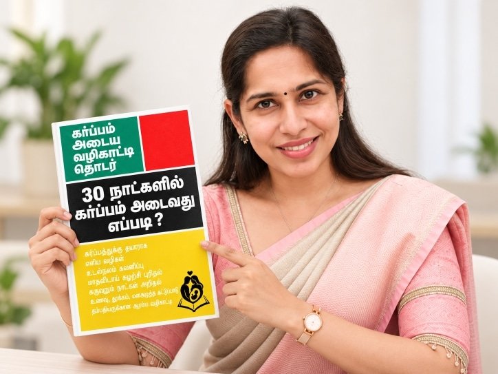 How to get pregnant in 30 days tamil – 30 நாட்களில் கர்ப்பம் தரிப்பது எப்படி என்ற தமிழ் கருத்தரிப்பு வழிகாட்டிக் கையேட்டைக் காட்டும் பெண்